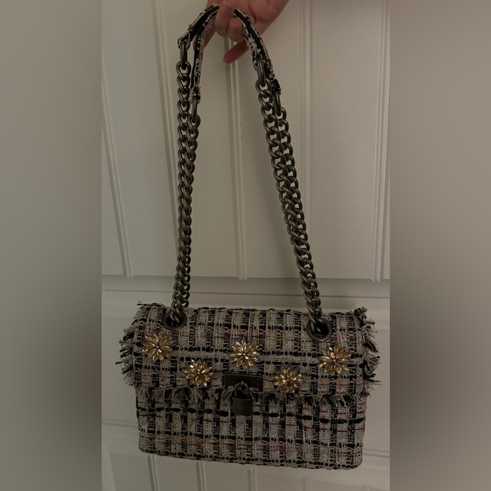 New With Tags!  Kurt Geiger Tweed Brixton Bag with Crystal Flowers